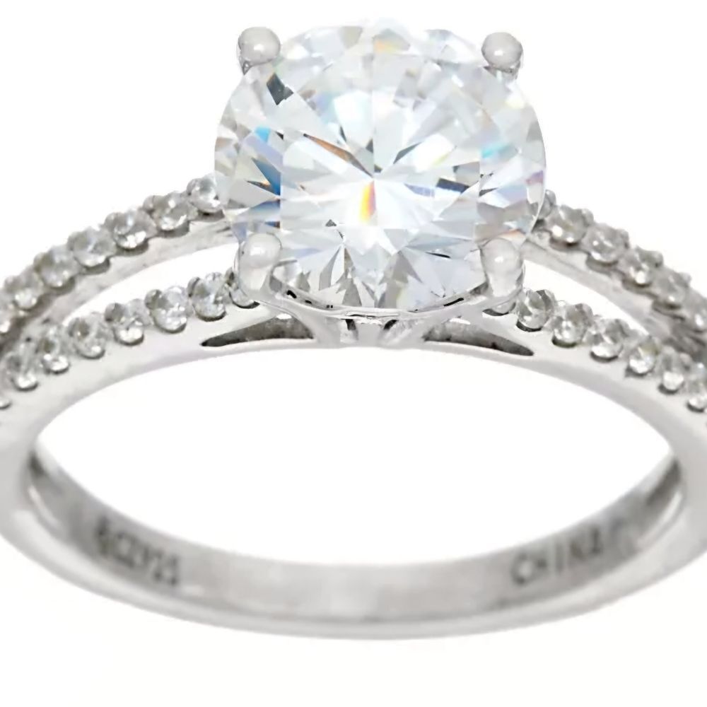 Diamonique 3ct Split Shank Solitaire Platinum Clad Ring 10.5